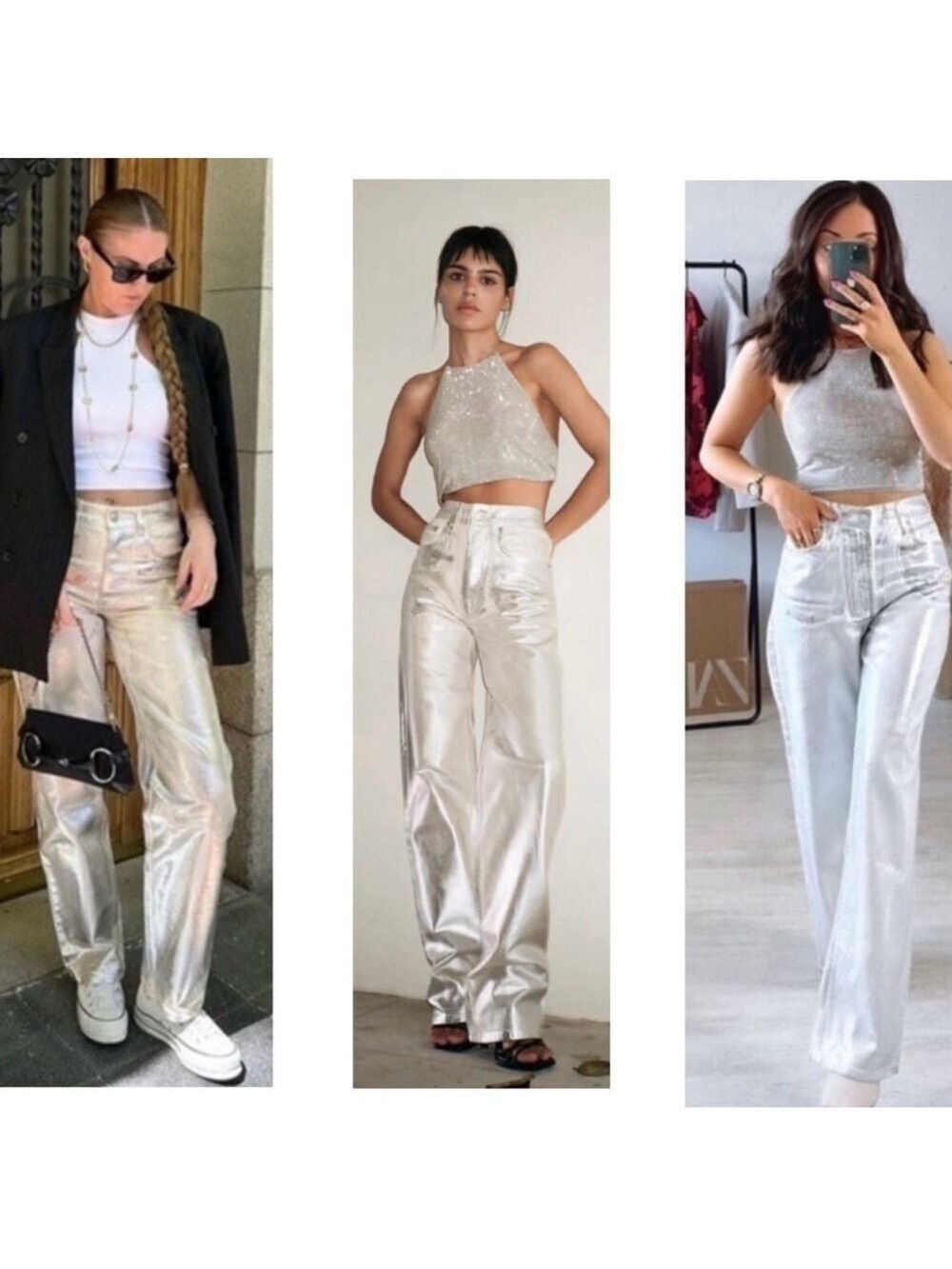 Zara silver white metallic foil mid rise five pocket denim jeans bloggers fave 4